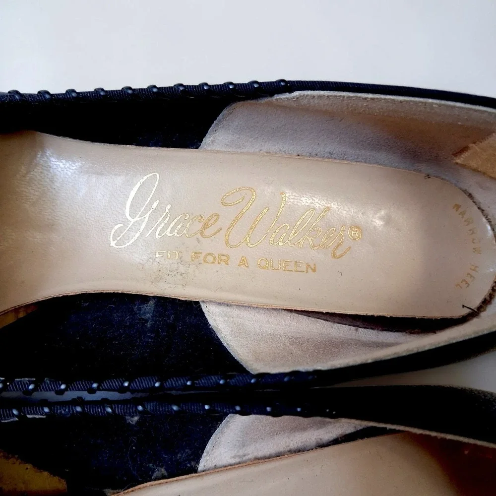 Grace Walker Vintage 60s Black Leather Bow Heels Pumps Almond Toe 8 / 8.5